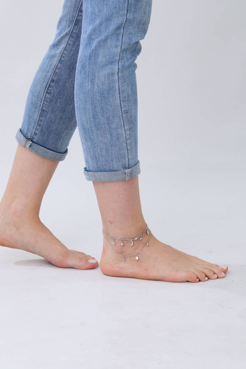 Celestial Charm Layered Anklet - Sparkling Star & Moon Dangl: Silver