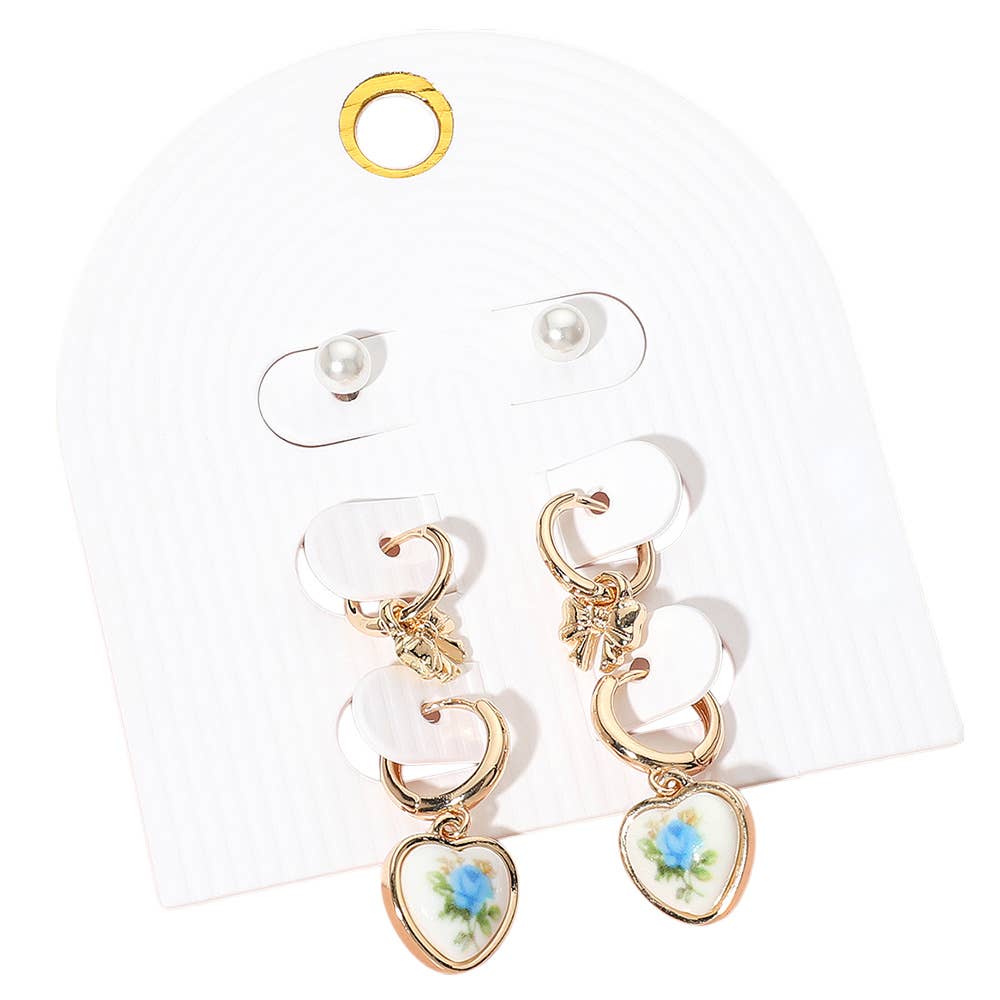 3Pairs - Pearl Stud Metal Bow Dangle Floral Ceramic Heart Dangle Earring Set: Gold,Pink