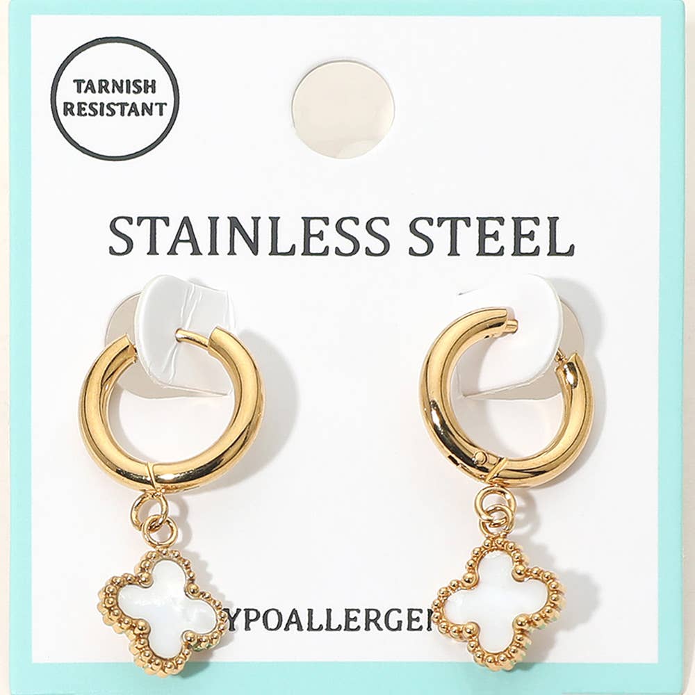 J11. Stainless Steel Quatrefoil Charm Drop Dangle Huggie Hoop Earrings