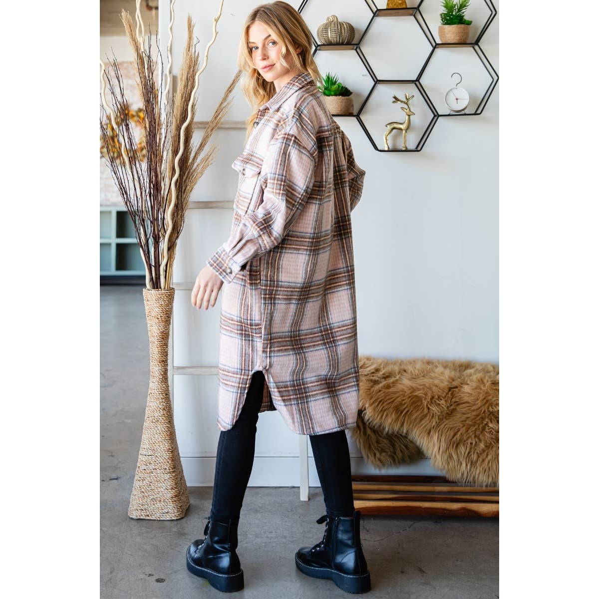 Wool Mix Plaid Checker Longline Shacket: Pink Combo / M