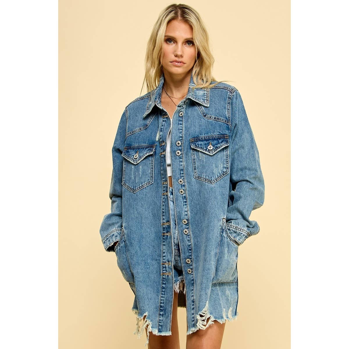 Medium Washed Denim Western Shirts Jacket: Medium Wash / S