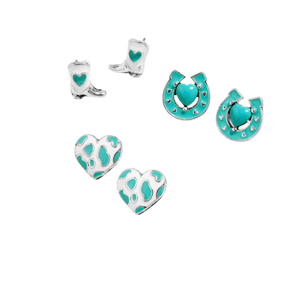 3Pairs - Western Heart Boot Horseshoe Stud Earring Set