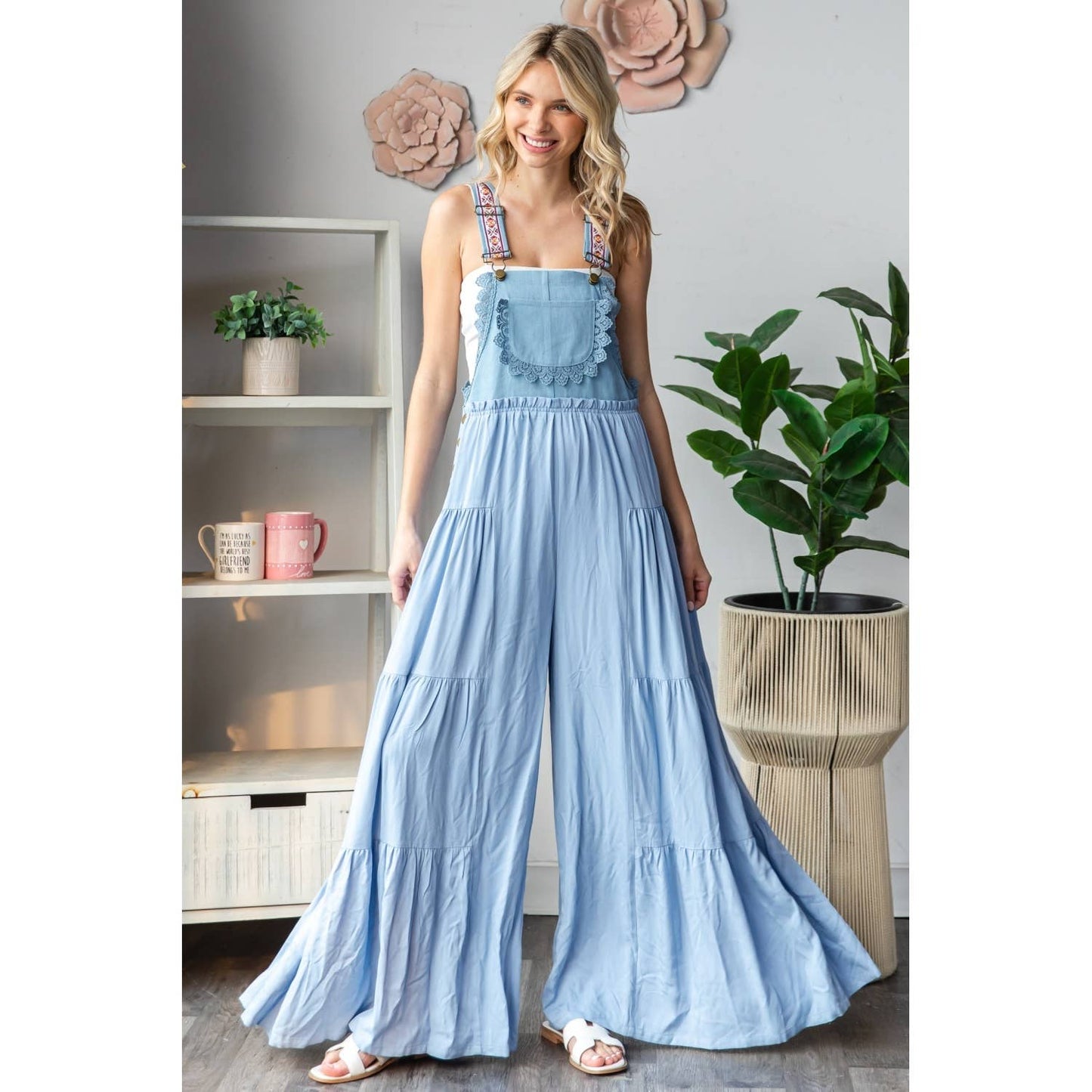 Embroidered Strap Flowy Jumpsuit: Black / L