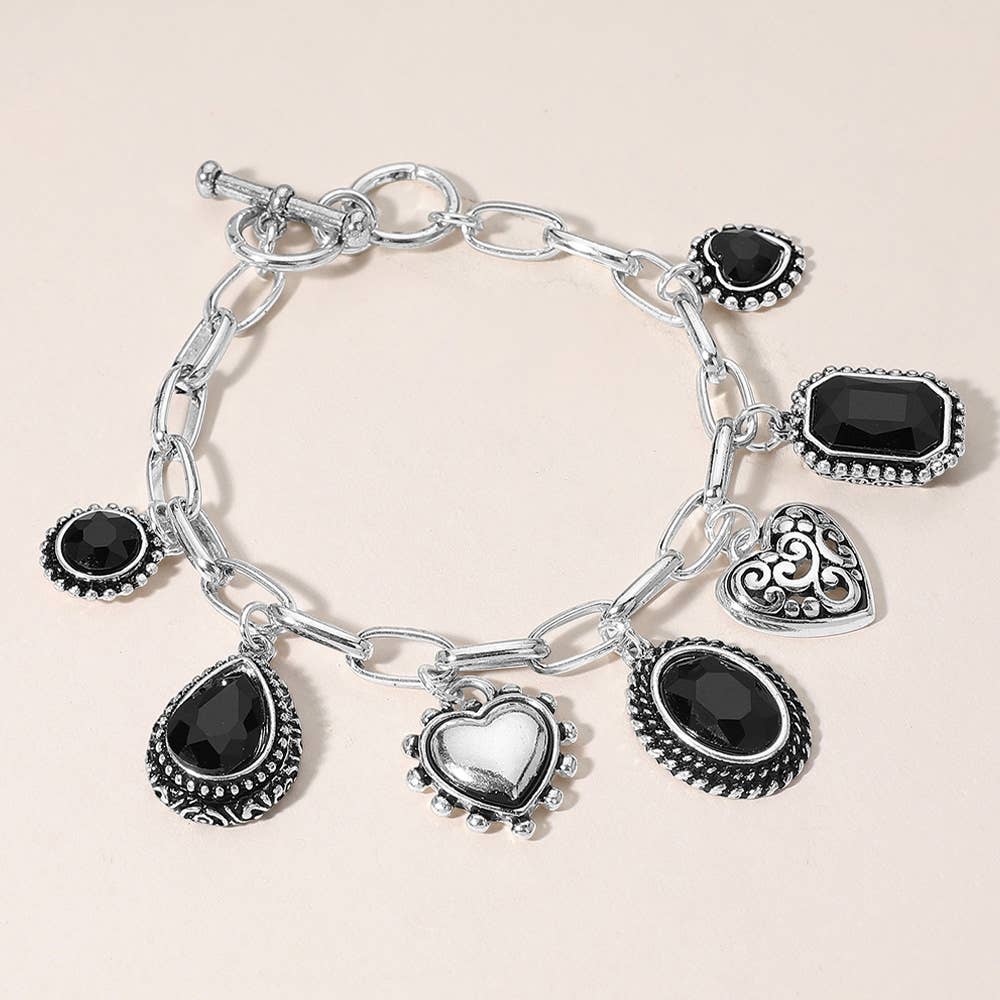 Teardrop Oval Round Stone Metal Heart Charm Station Bracelet