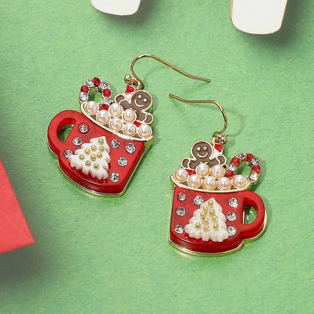 Gingerbread Man Pearl Bubble Holiday Cocoa Mug Dangle Earrings: Pink