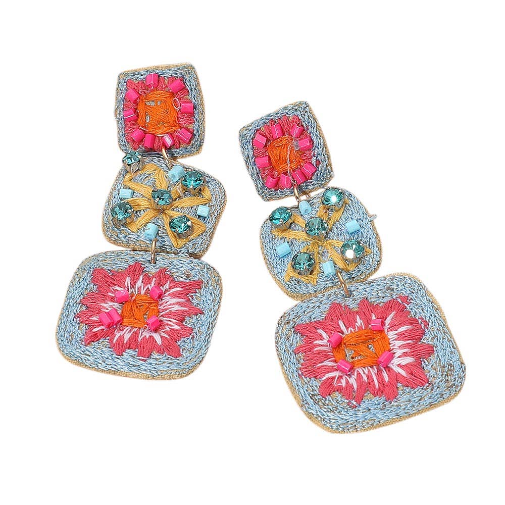 Embroidered Beaded Crochet Granny Square Link Drop Earrings