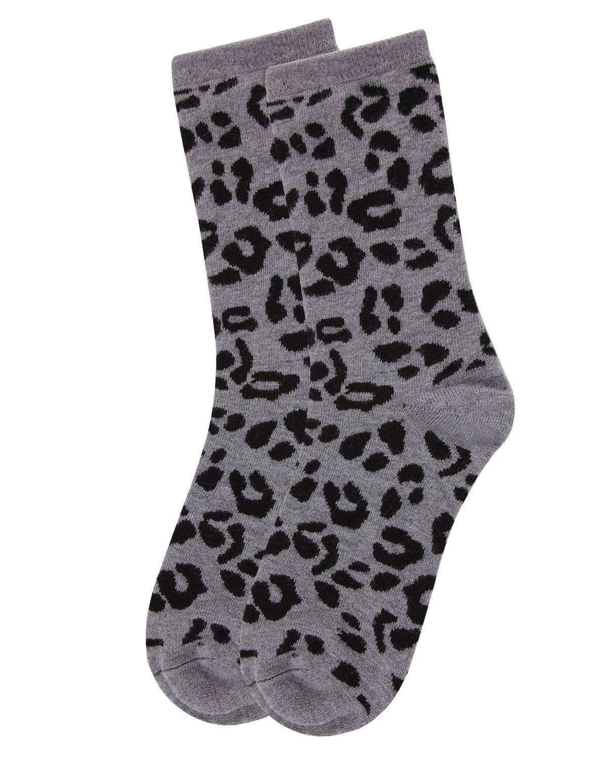 MeMoi Leopard Animal Print Cashmere Blend Crew Socks: Hemp Heather / 9-11
