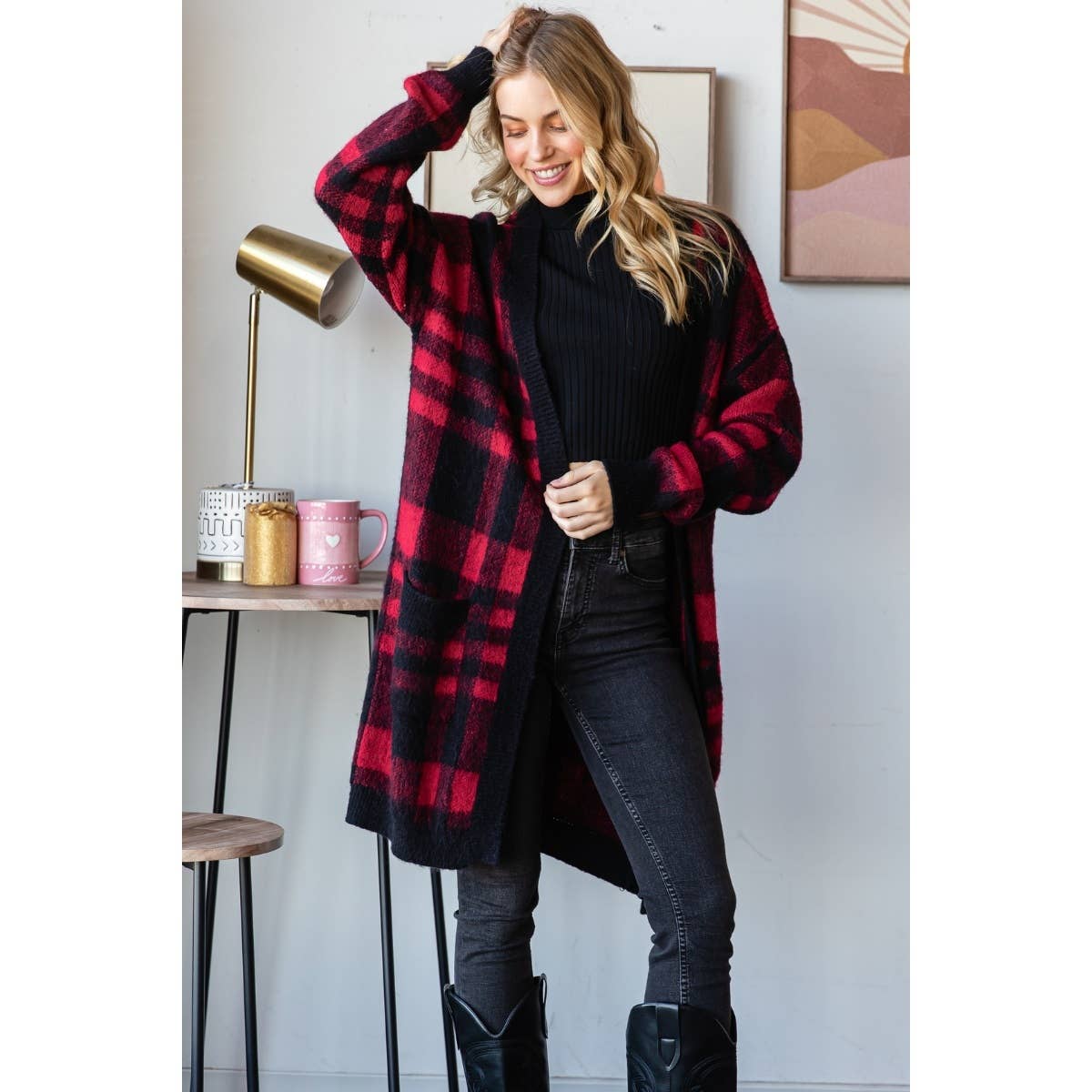 Mohair Sweater Long Cardigan : Red/Black / M