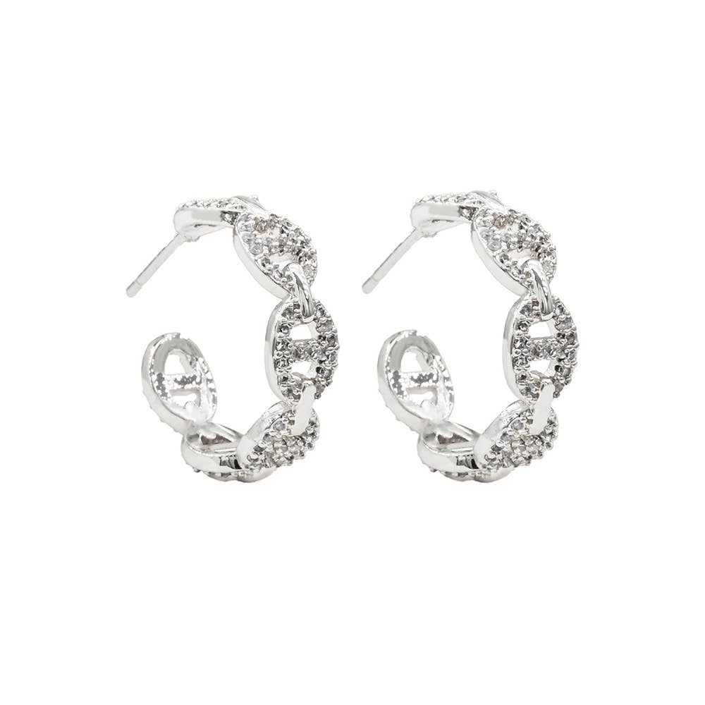 Gold Dipped CZ Stone Paved Mariner Link Hoop Earrings: Rhodium