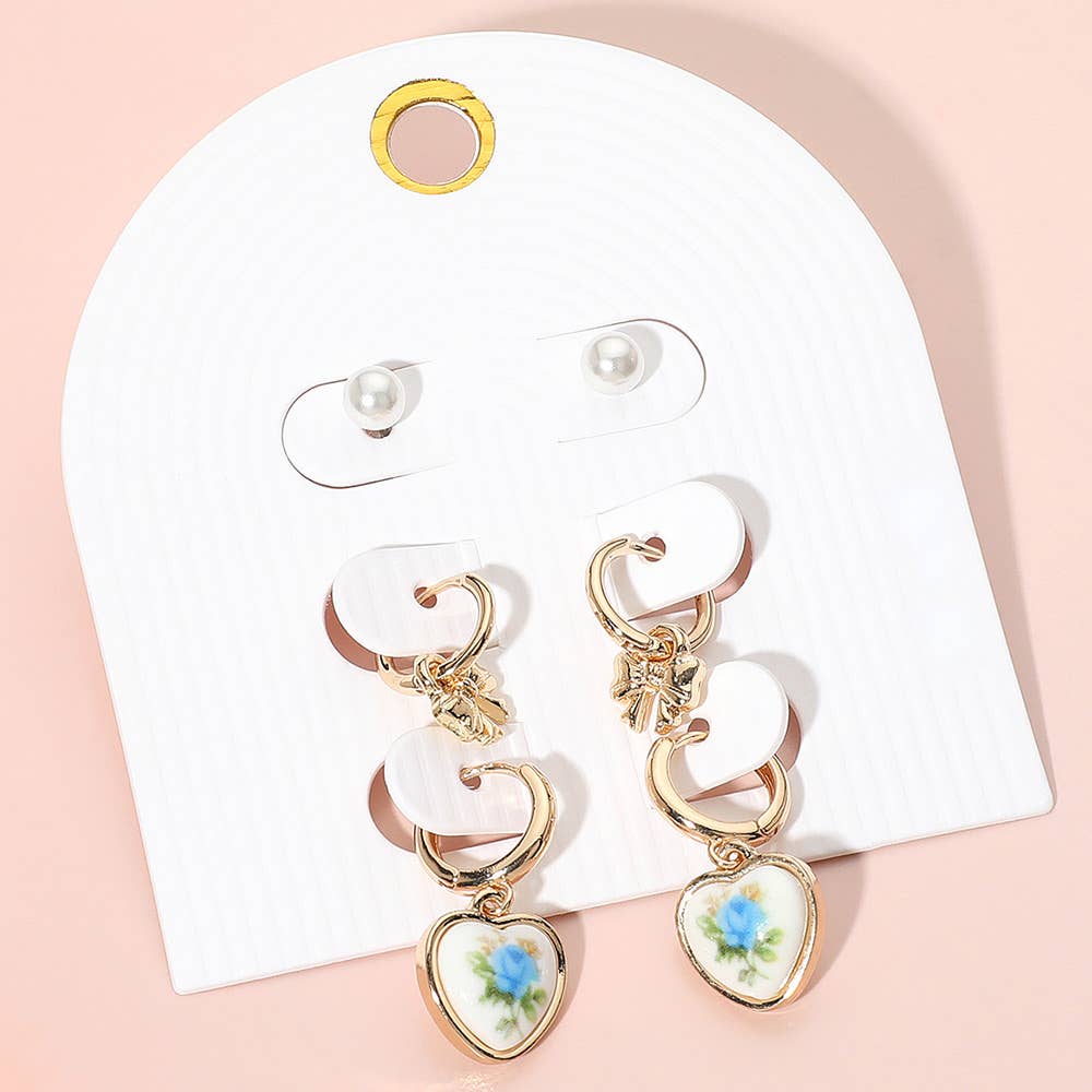 3Pairs - Pearl Stud Metal Bow Dangle Floral Ceramic Heart Dangle Earring Set: Gold,Pink