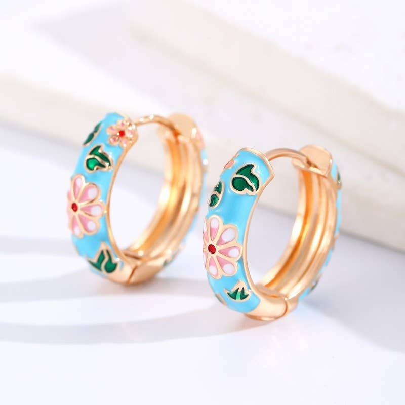 VINTAGE CLOISONNE ENAMEL FLORAL HOOP EARRINGS | 40E358: Blue