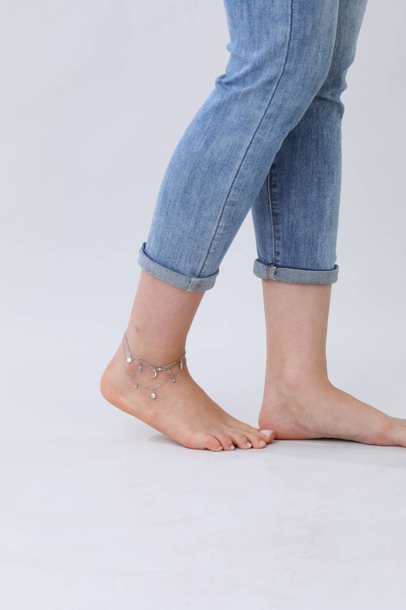 Celestial Charm Layered Anklet - Sparkling Star & Moon Dangl: Silver