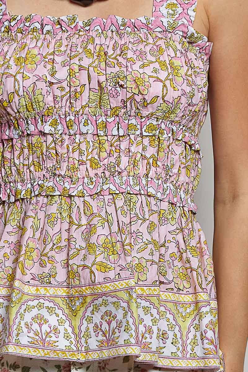 Square Neck Sleeveless Printed Ruffle Dress Woven Top