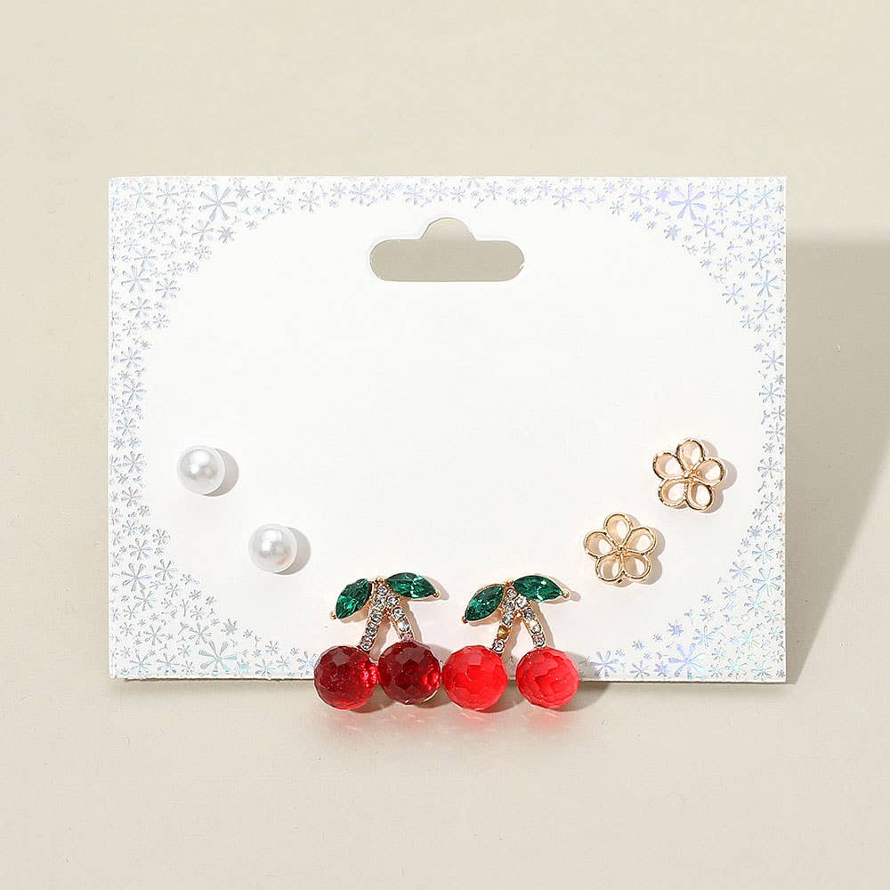 SET OF 3 - Pearl Enamel Flower Cherry Stud Earrings