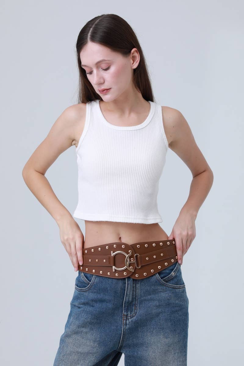 Bohemian Wide Leather Belt – Studded Ethnic Waist Cincher