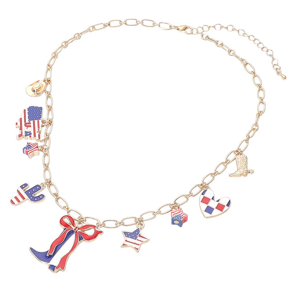 J1. American USA Flag Western Boot Cactus Map Heart Star Charm Station Necklace