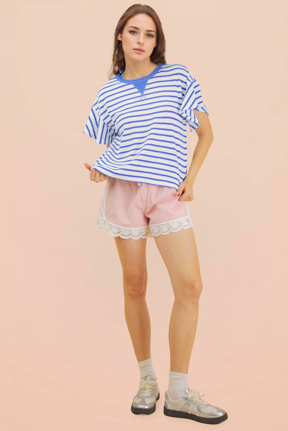 Blue Oversized Ruffle Sleeve Casual Stripe Knit Top