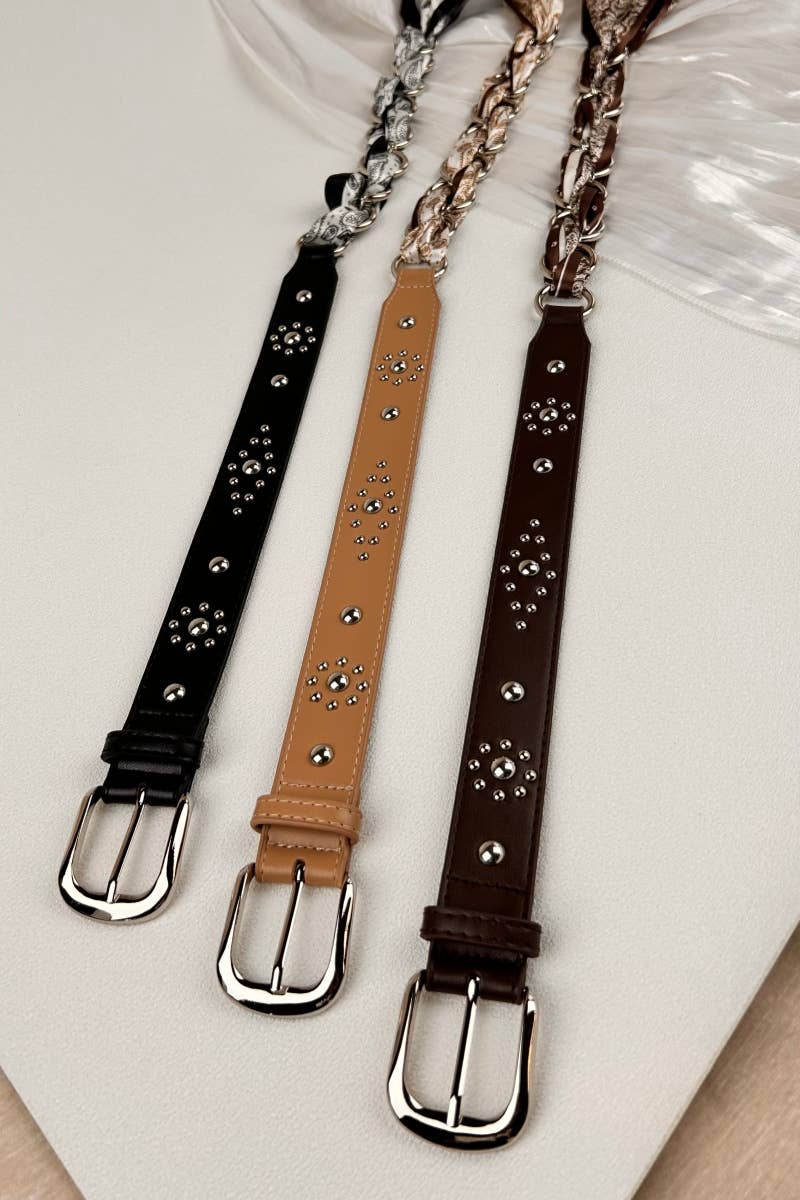 Studded Vegan Leather Belt – Satin Accent Waistband