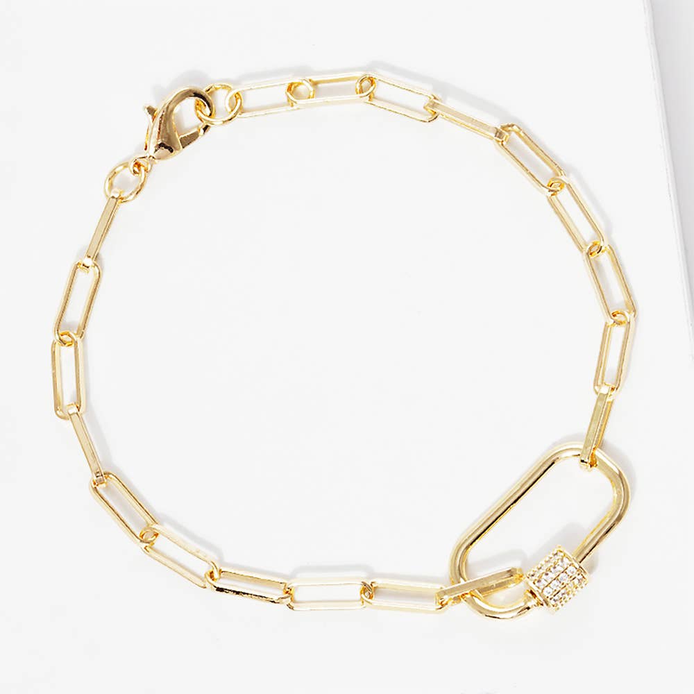 Gold Dipped CZ Carabiner Pointed Paperclip Chain Bracelet