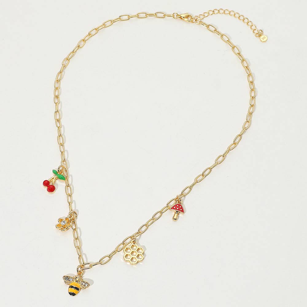 SECRET BOX_14k Gold Dipped Honey Bee Honey Comb Cherry Flower Mushroom Charm Station Paperclip Chain Necklace: Gold