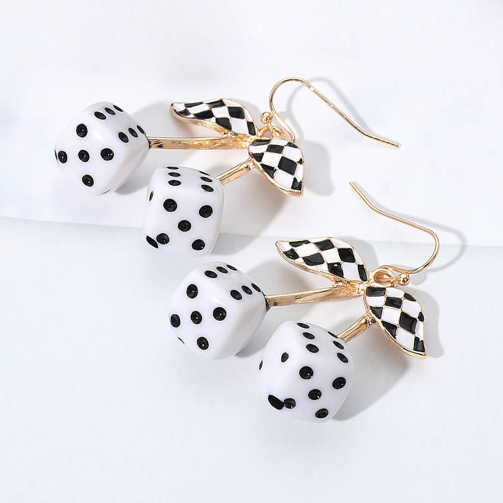 Enamel Retro Checkered Leaf Cherry Dice Dangle Earrings: Gold,Turquoise