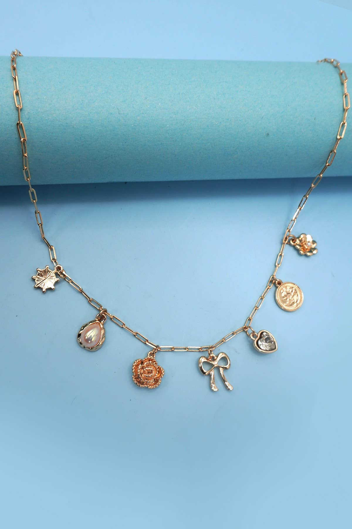 BOW HEART FLOWER CHARM LINK CHAIN NECKLACE | 80N91475