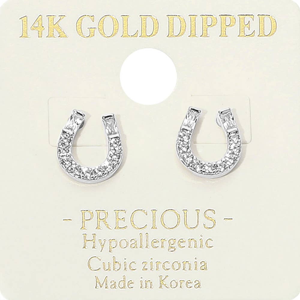 J23. 14K Gold Dipped Hypoallergenic CZ Stone Paved Horseshoe Stud Earrings
