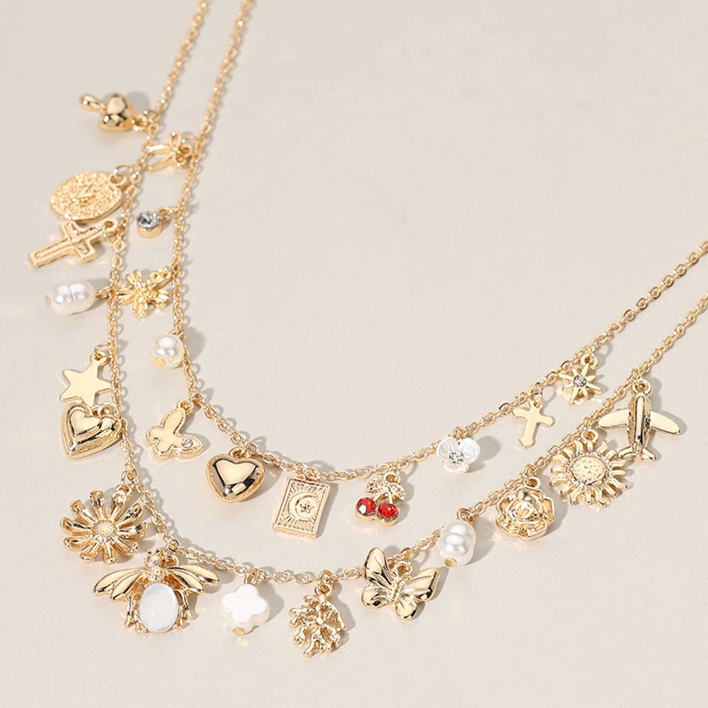 Cherry Butterfly Pearl Quatrefoil Charm Layered Necklace