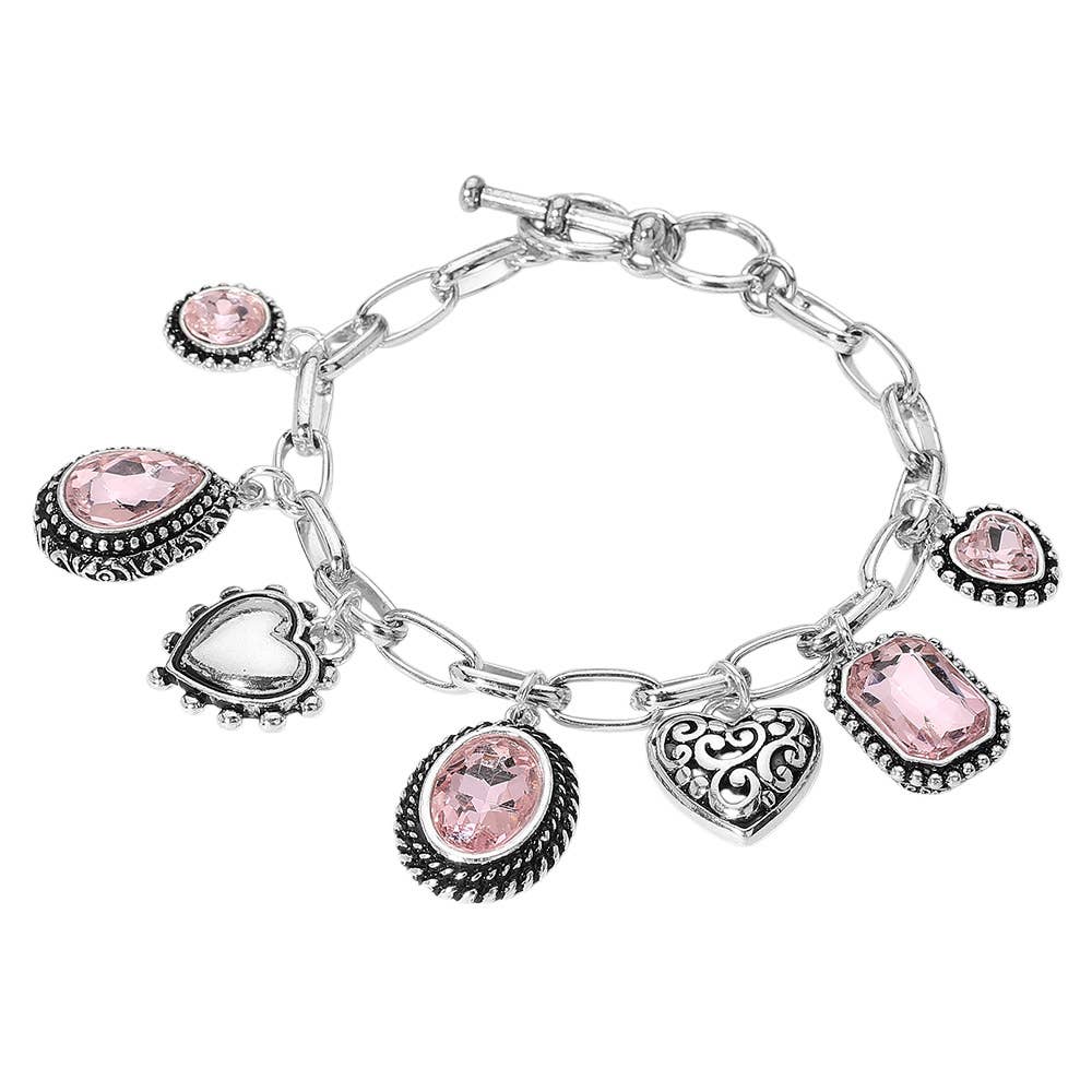 Teardrop Oval Round Stone Metal Heart Charm Station Bracelet