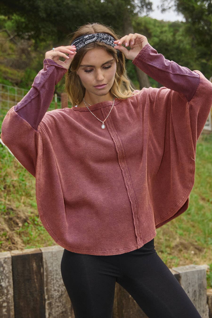 Acid Washed Thermal Batwing Pullover: Washed Navy / L