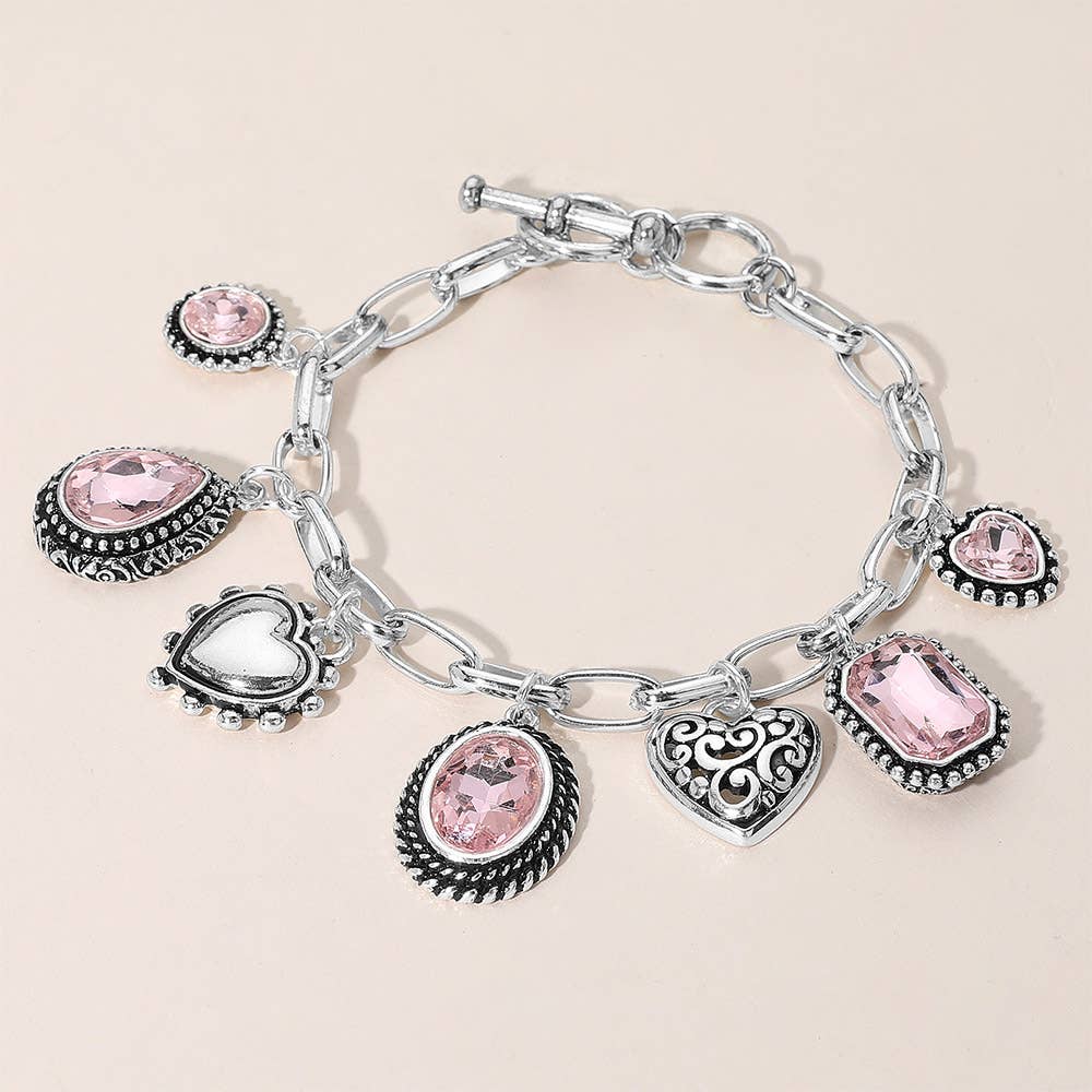 Teardrop Oval Round Stone Metal Heart Charm Station Bracelet