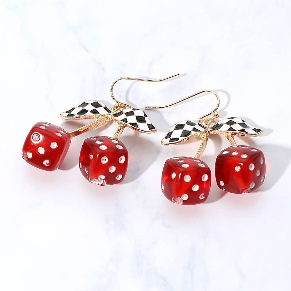 Enamel Retro Checkered Leaf Cherry Dice Dangle Earrings: Gold,Turquoise