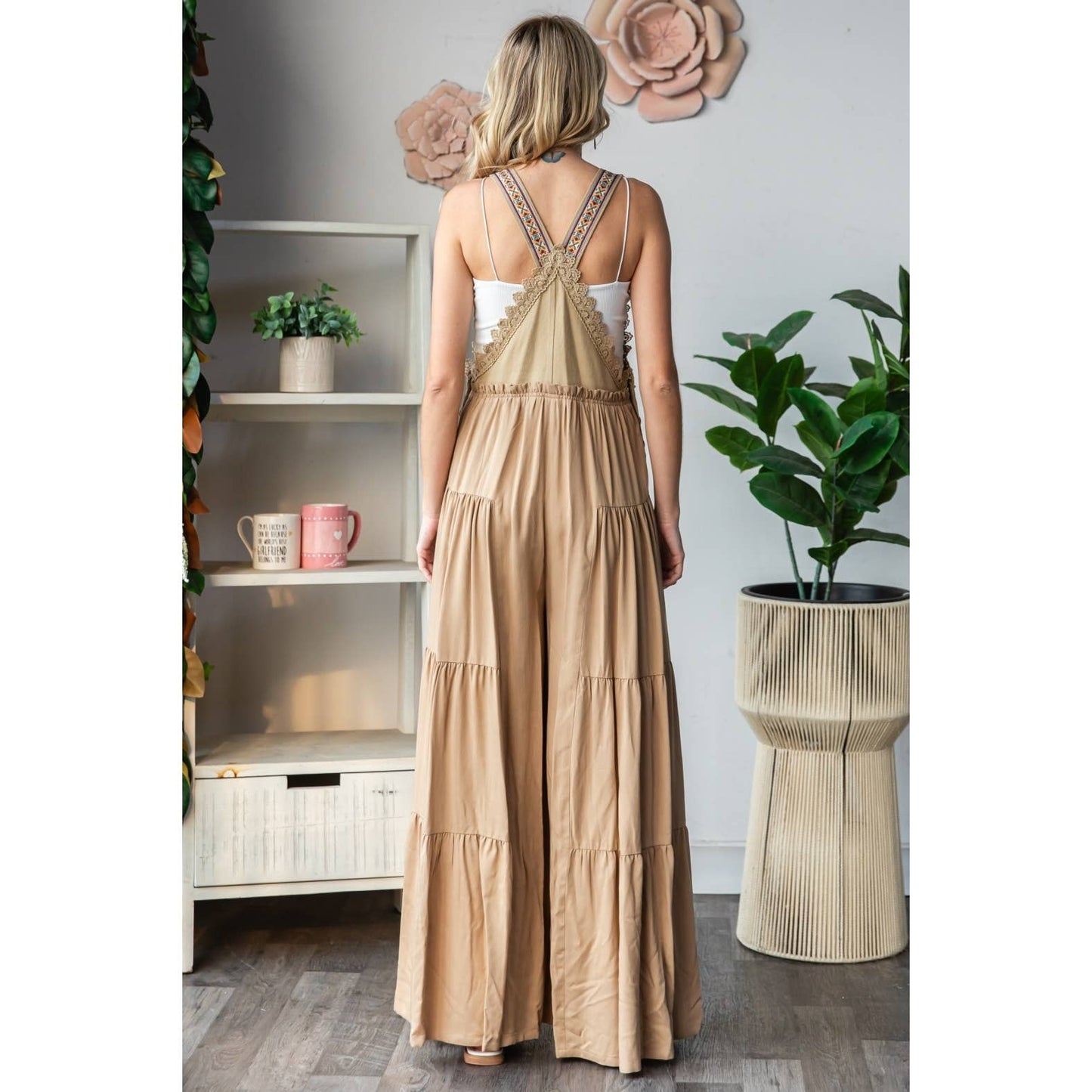Embroidered Strap Flowy Jumpsuit: Black / M
