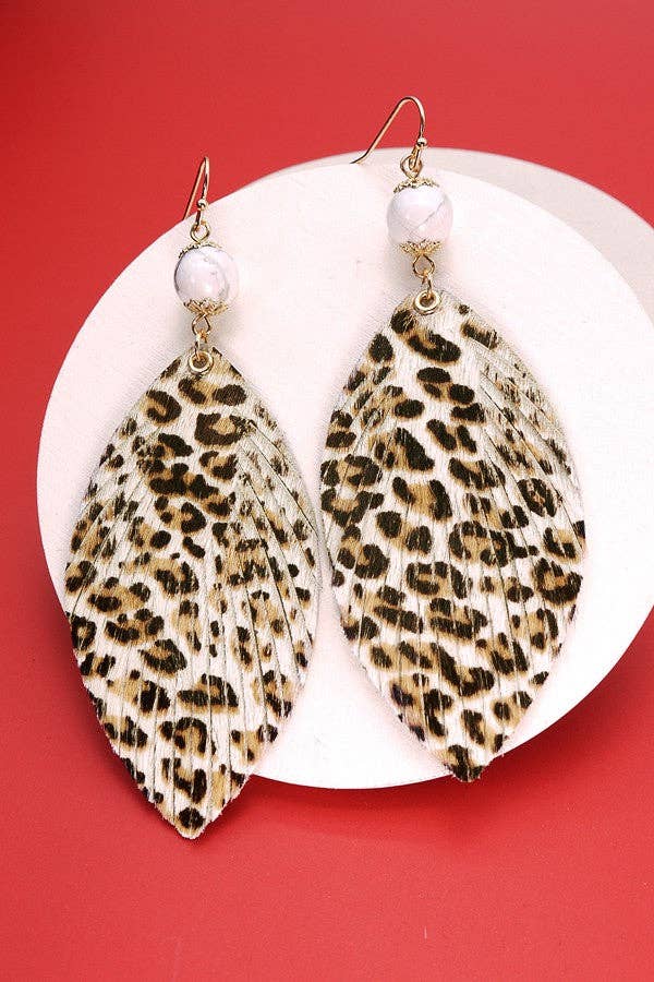 J53. FAUX LEATHER ANIMAL PRINT LEAF EARRING
