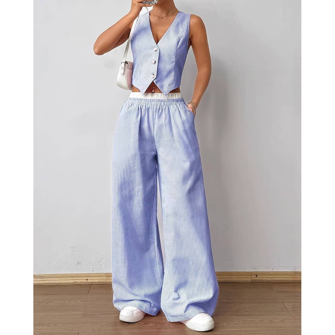 Striped Vest and Wide Leg Pants Two Piece Set