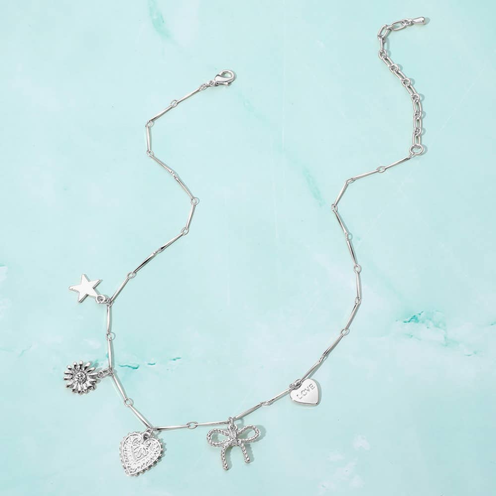 Metal Heart Bow Star Flower Charm Station Necklace
