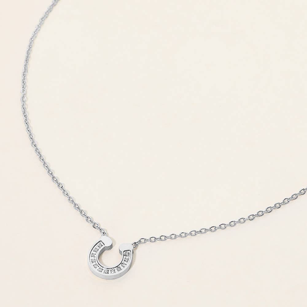 J9. SECRET BOX Stainless Steel Stone Pave Dainty Horseshoe Pendant Necklace
