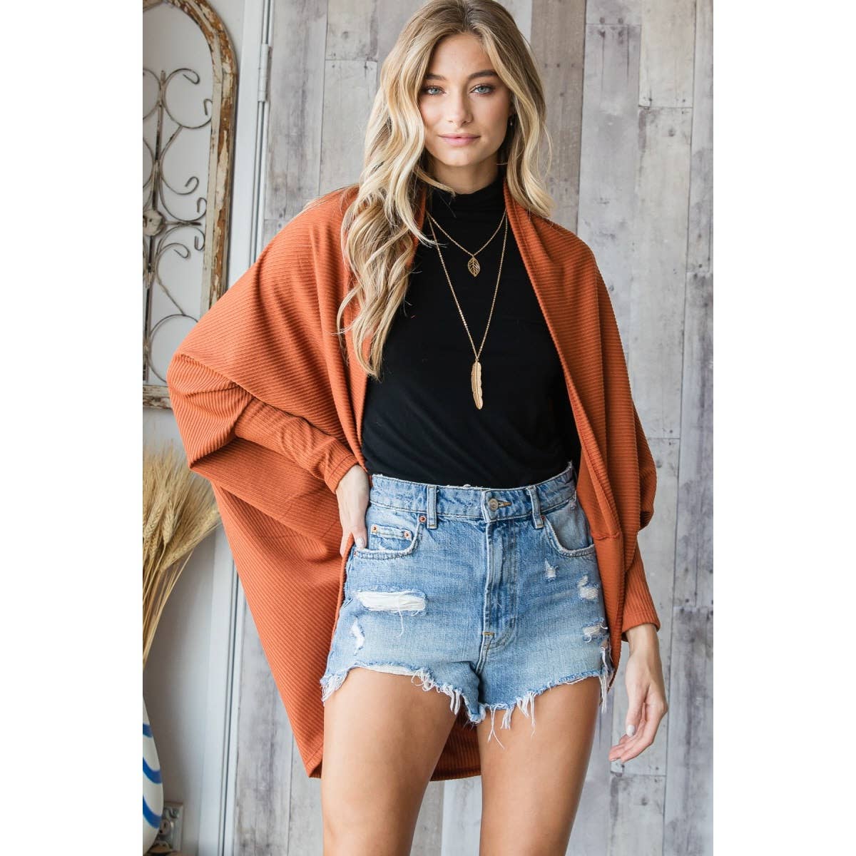 J70802 - Urban Knit Shawl Open Front Cardigan: Olive / M