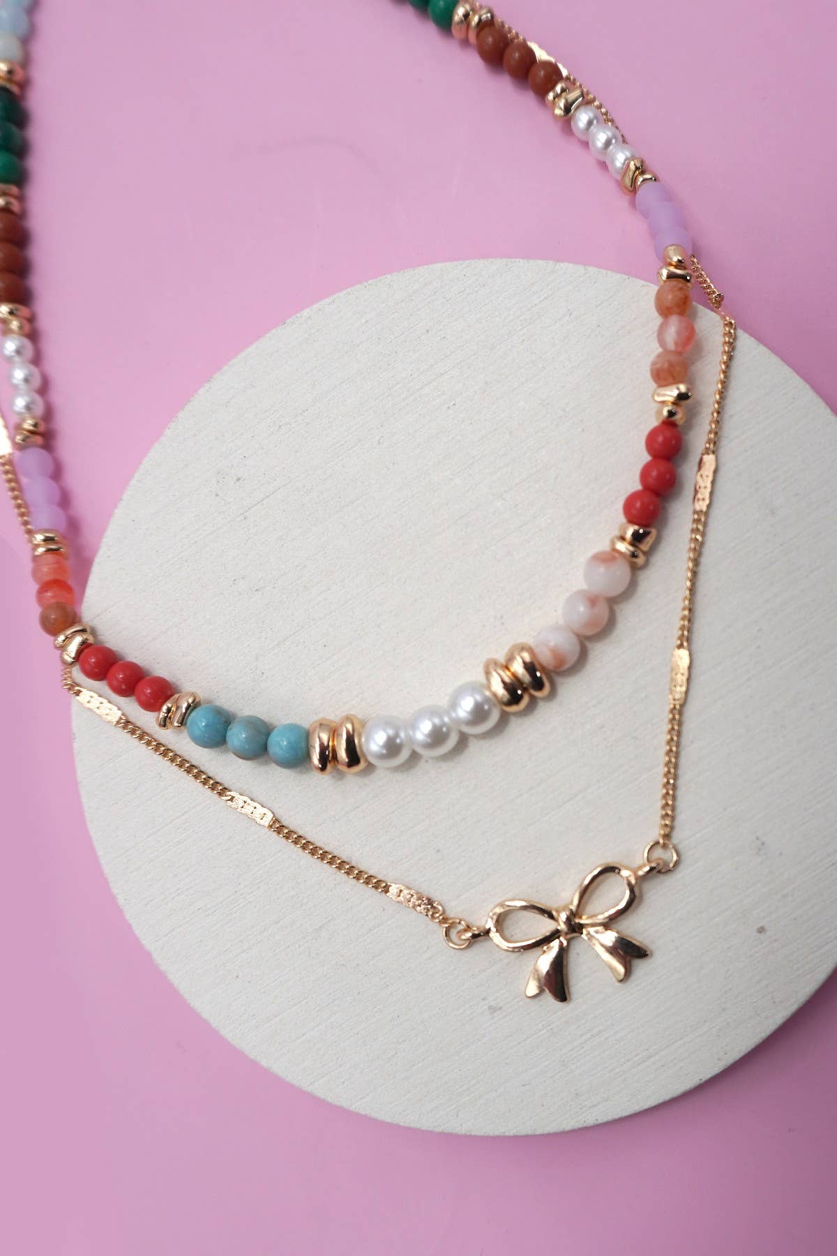 MULTI BEADED BOW CHARM DOUBLE LAYER NECKLACE | 80N91498: Gold
