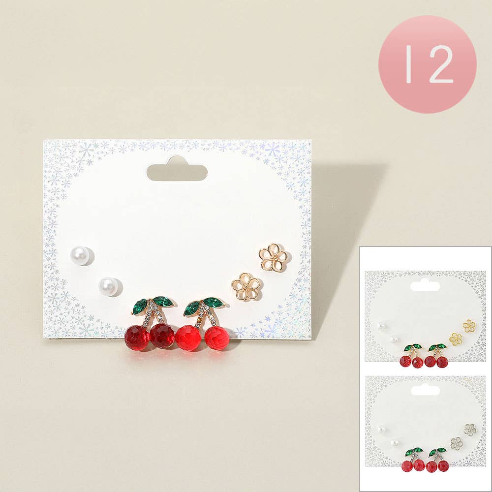 SET OF 3 - Pearl Enamel Flower Cherry Stud Earrings