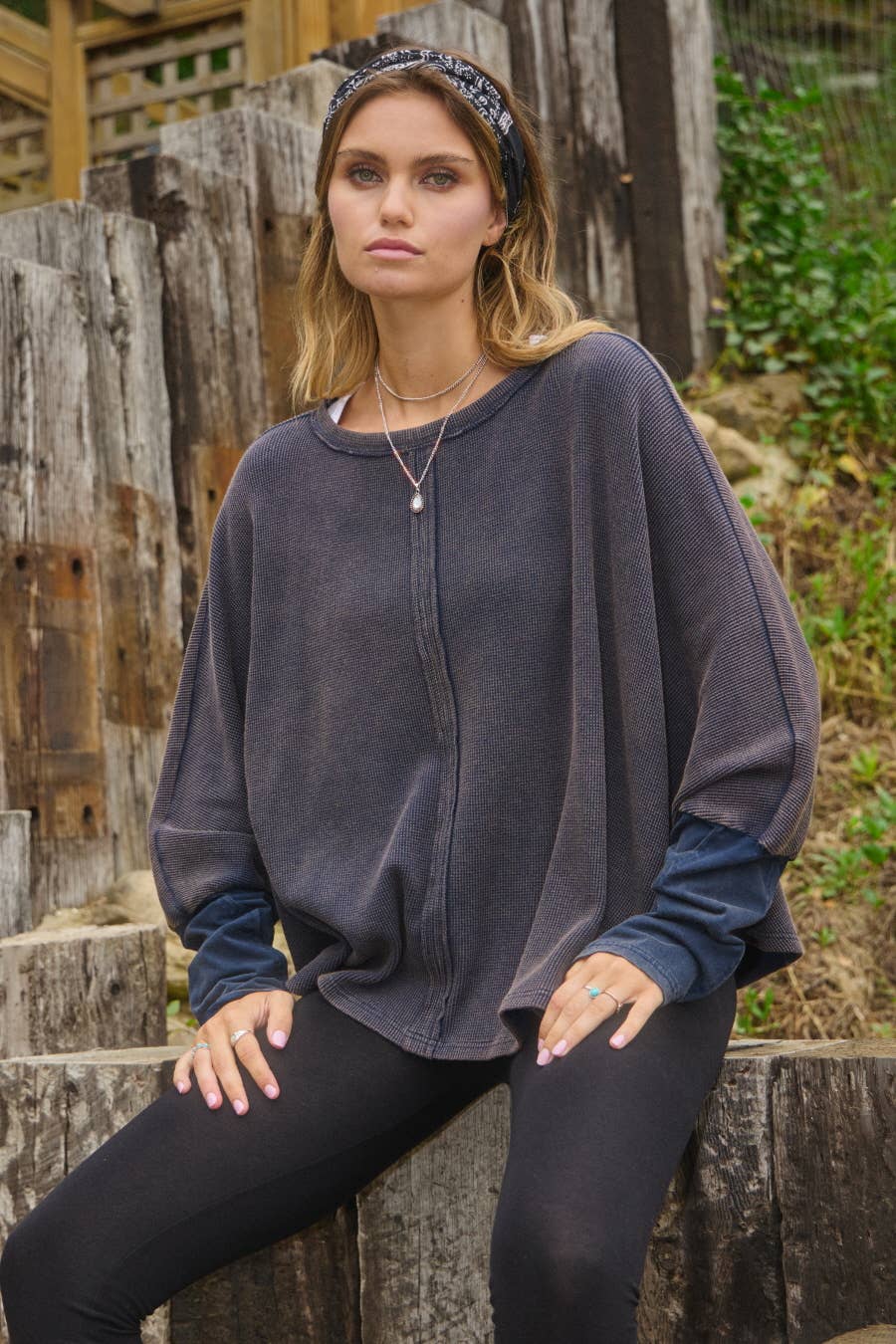 Acid Washed Thermal Batwing Pullover: Washed Navy / L