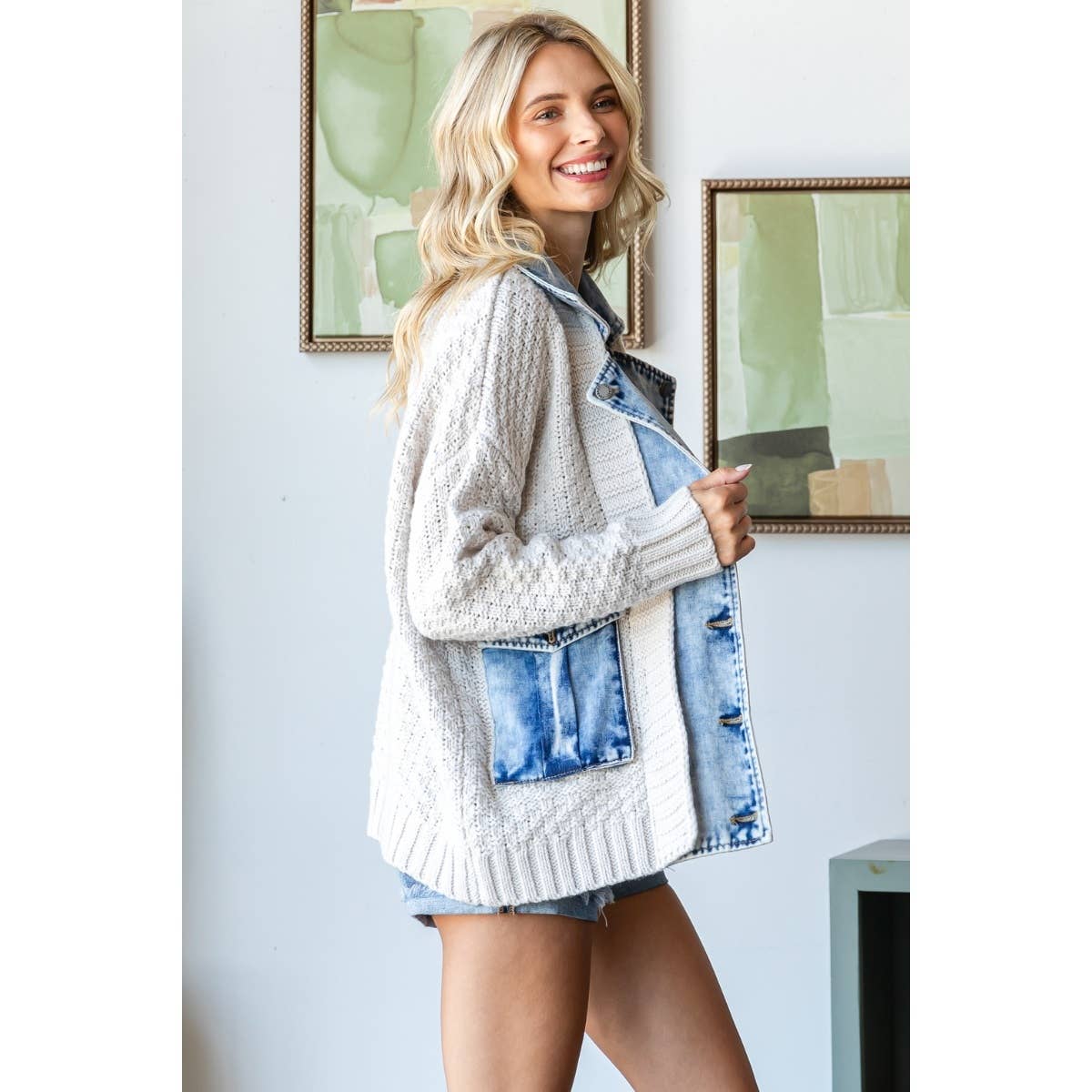 Knit Body Denim Layerd Jacket: Grey / Denim / S