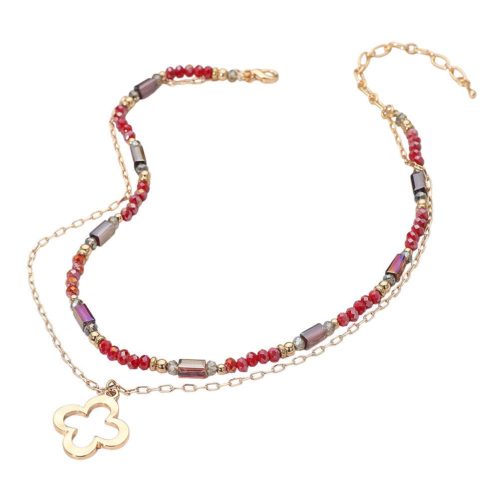 Metal Open Quatrefoil Pendant Faceted Beaded Layered Necklace