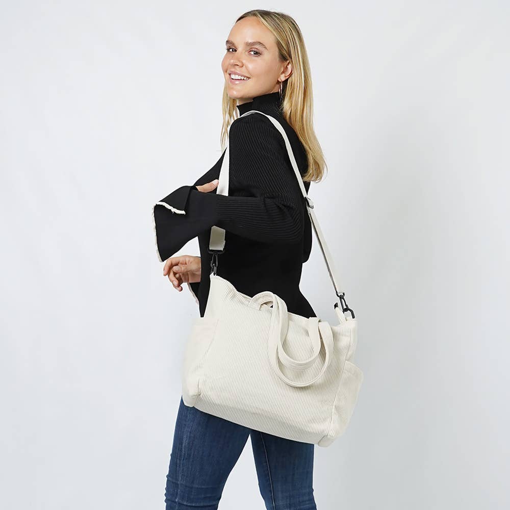 Multi Pocket Corduroy Tote Bag: Black