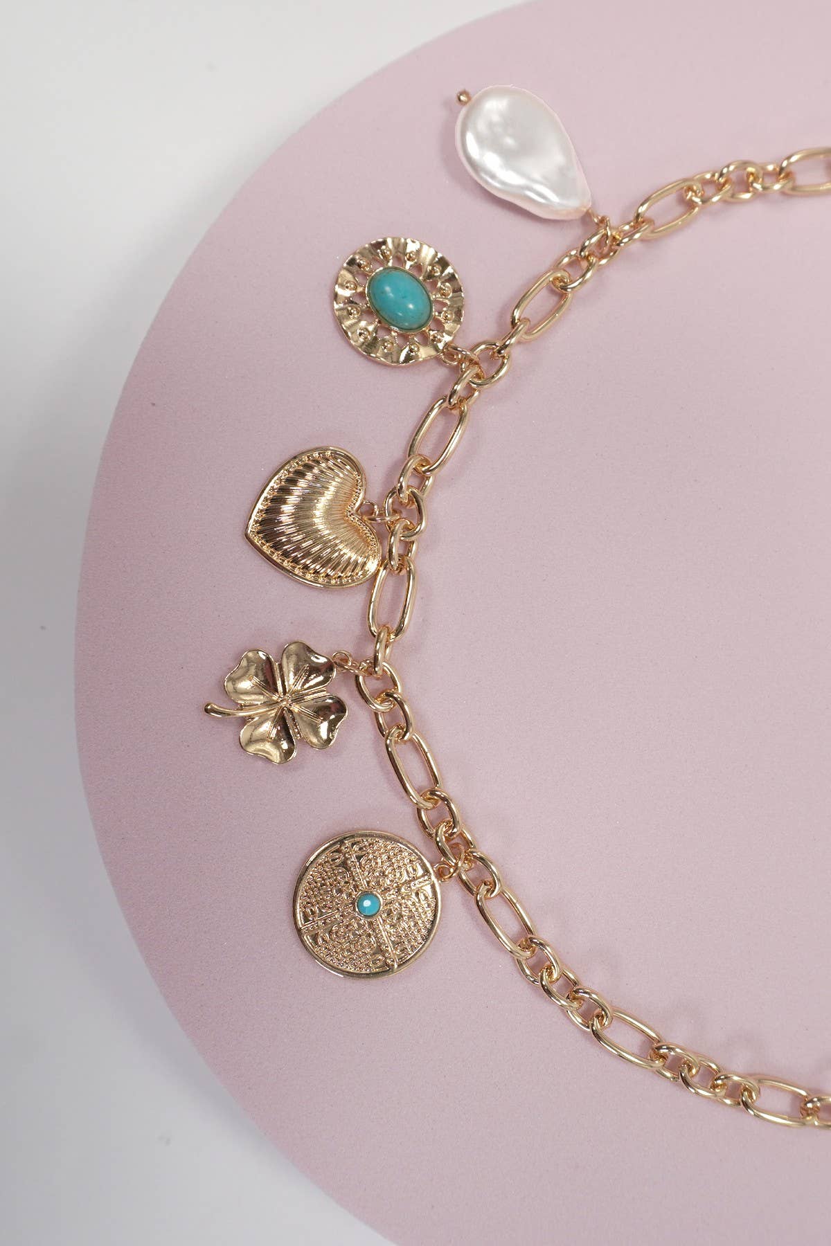 BOHO TURQ HEART PEARL CLOVER CHARM NECKLACE | 80N1183