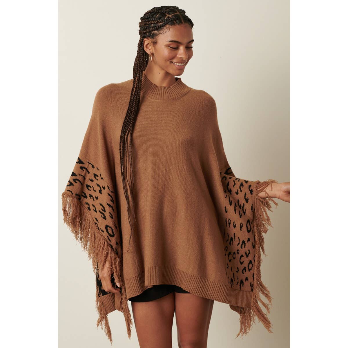 ANIMAL PRINT DETAIL TASSEL OVERSIZED PONCHO