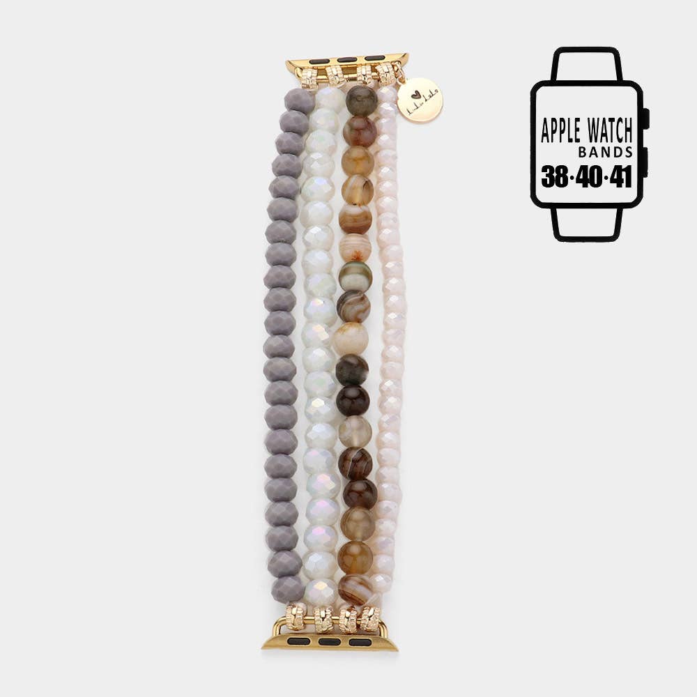 Faceted Beads Natural Stone Beaded Multi Layered Apple Watch Band: Rhodium,White