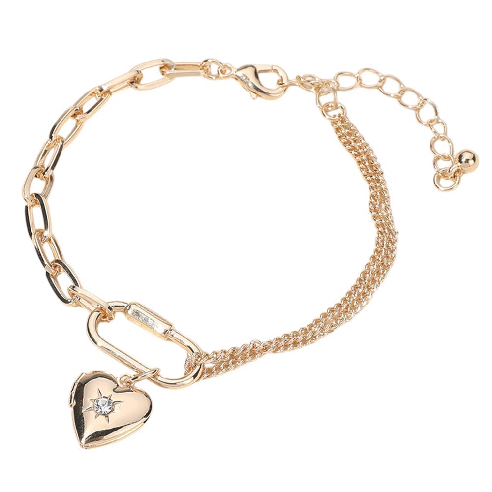 SECRET BOX_Stone Heart Locket Carabiner Charm Bracelet: Gold