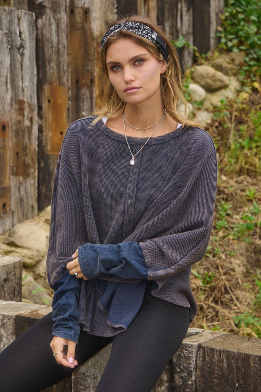 Acid Washed Thermal Batwing Pullover: Washed Navy / L