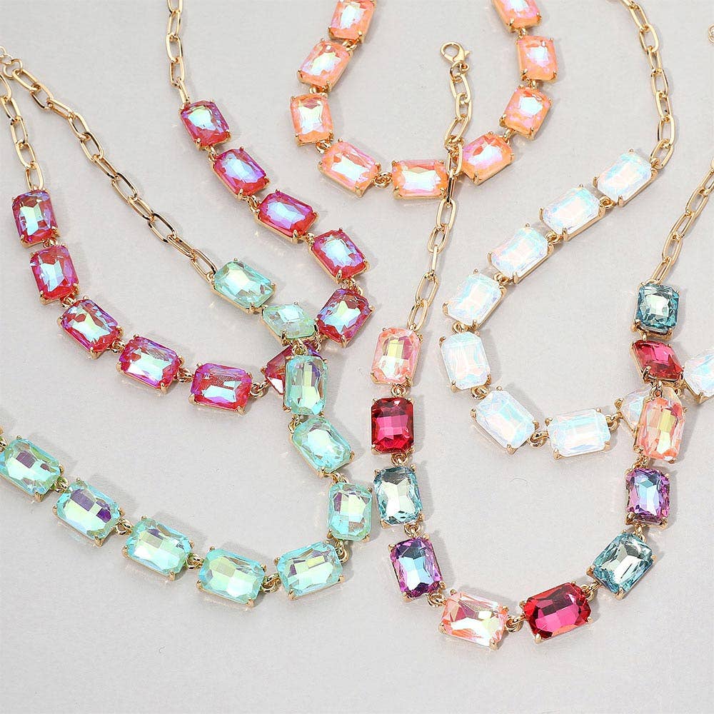J21. Peach Cushion Rectangular Stone Cluster Link Evening Necklace